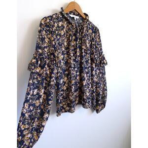 INTERMIX Marika Lurex Floral Print Ruffle Sleeve Silk Blend Blouse Top M $395